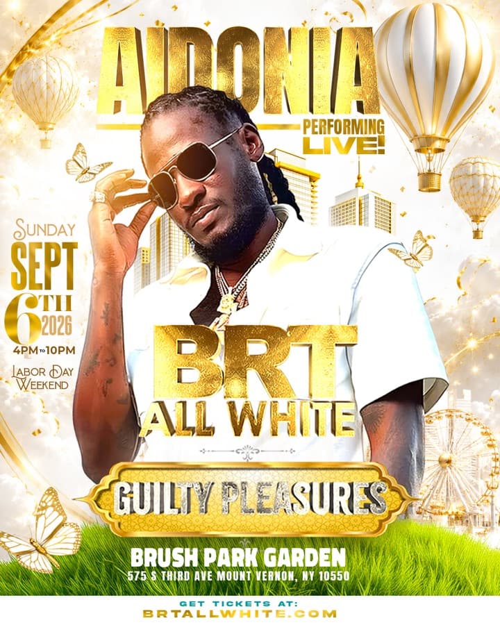 BRT All White New York flyer featuring Aidonia performing live on Sunday, September 6, 2026 at Brush Park Garden